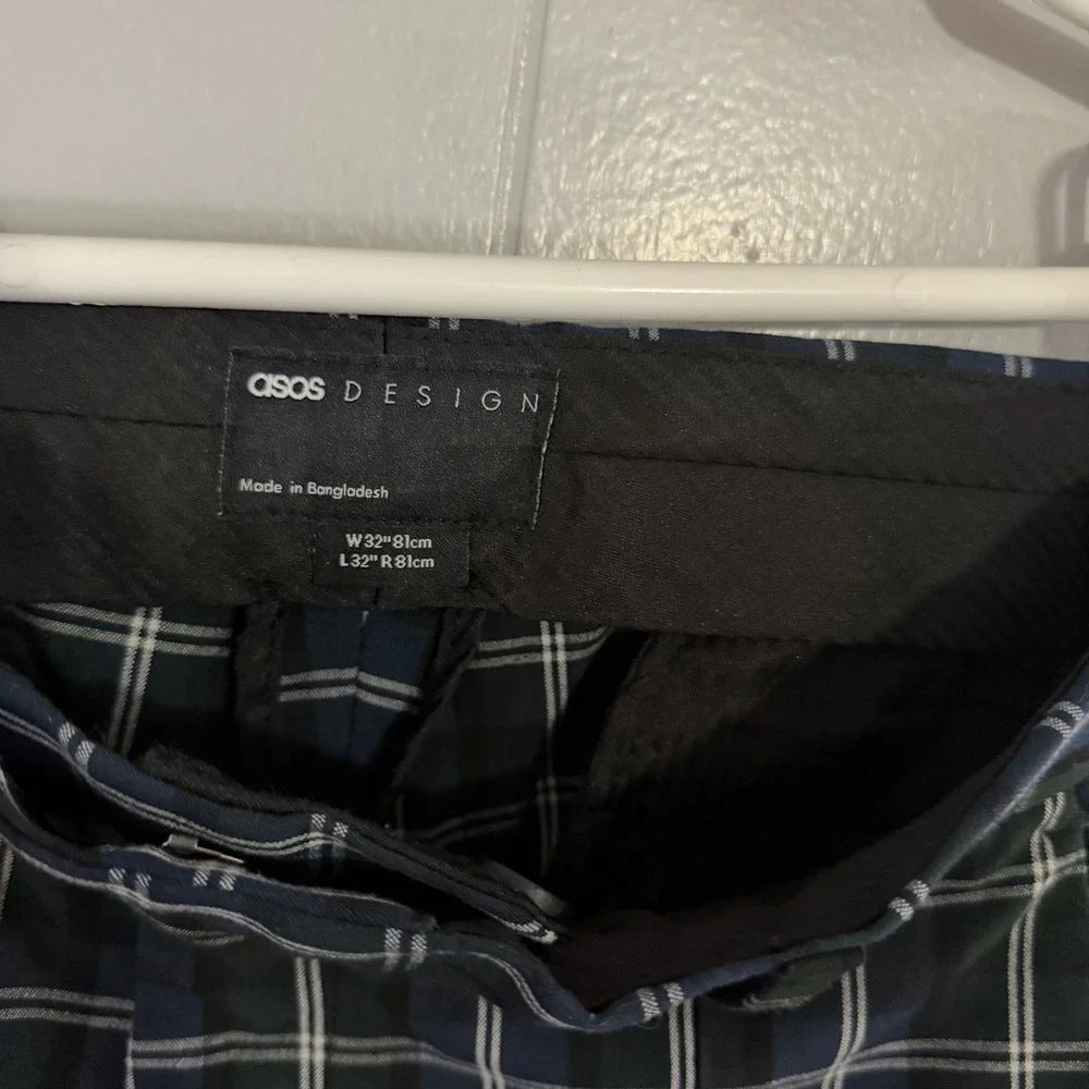 ASOS DESIGN Plaid Trousers Mens‎ 32x32 Navy Green Tartan Skinny Smart Pants